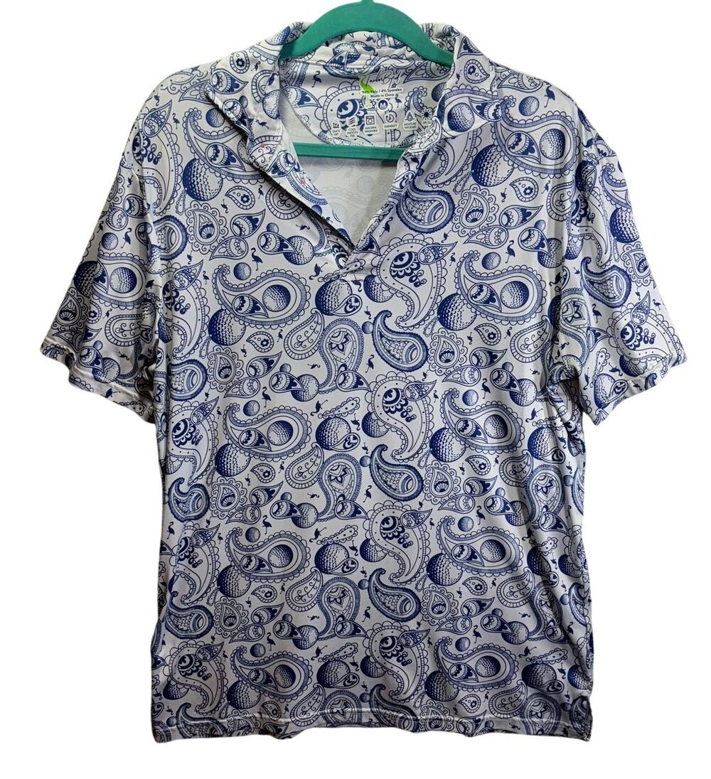 Tailor Byrd Sz Medium Blue Paisley Golf Shirt Polo Pullover Casual Flamingo Top